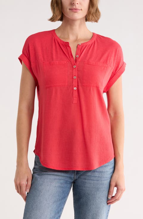 Mixed Media Short Sleeve Cotton Henley Top