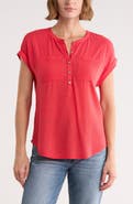 Lucky Brand Mixed Media Short Sleeve Cotton Henley Top