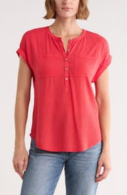 Lucky Brand Mixed Media Short Sleeve Cotton Henley Top