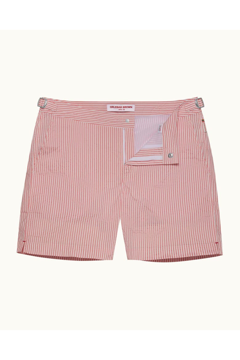 Bulldog Mid-Length Classic Fit Stripe Seersucker Swim Shorts, Alternate, color, Pink lemonade/white stripe