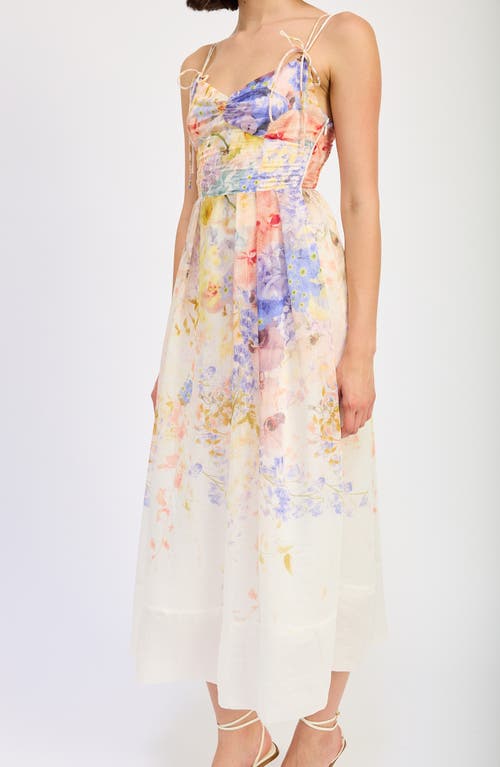 Shop En Saison Taylorann Floral Tie Strap Midi Dress In Ivory Violet Orange