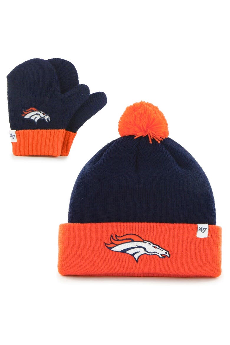 Infant '47 Navy/Orange Denver Broncos Bam Bam Cuffed Knit Hat With Pom and Mittens Set, Main, color, Navy