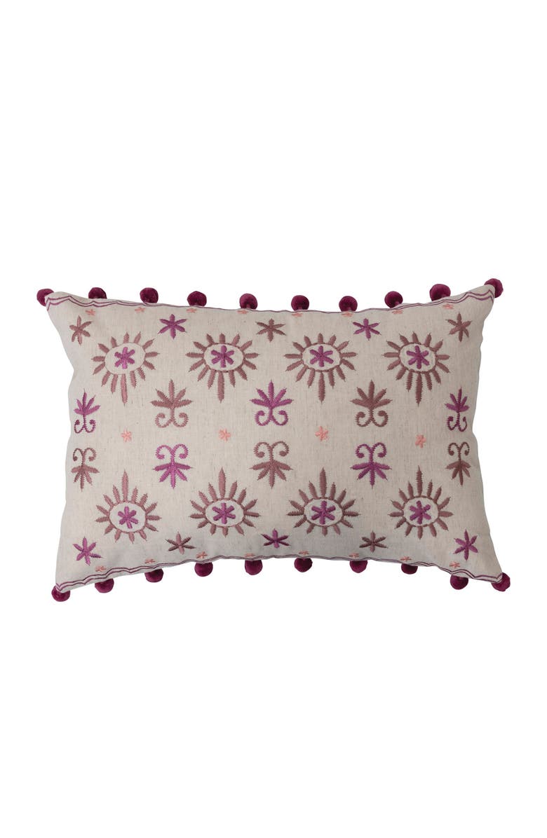 Storied Home Cotton Linen Lumbar Pillow with Embroidery and Pom Poms, Main, color, Cream