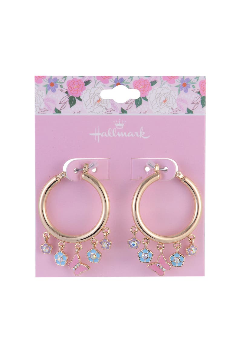Gold Tone Hoop Earrings with Enamel Flower Drops, Alternate, color, Pink