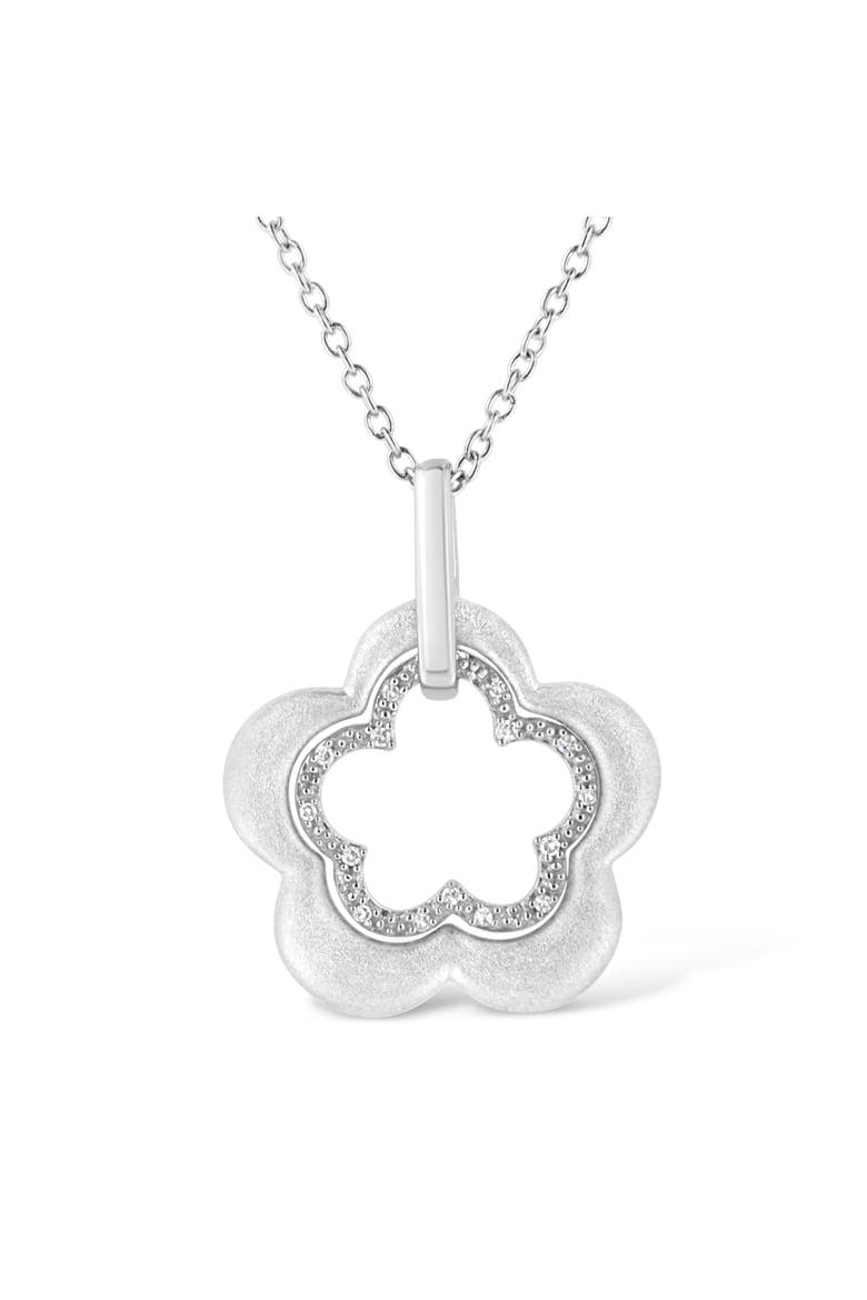 Matte Finished Silver Diamond Accent Double Flower Shape Satin Pendant Necklace, Main, color, White