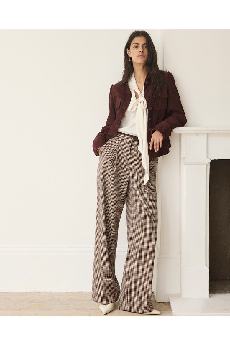 Checked Contrast Waist Wide Leg Trousers, Alternate, color, Burgundy