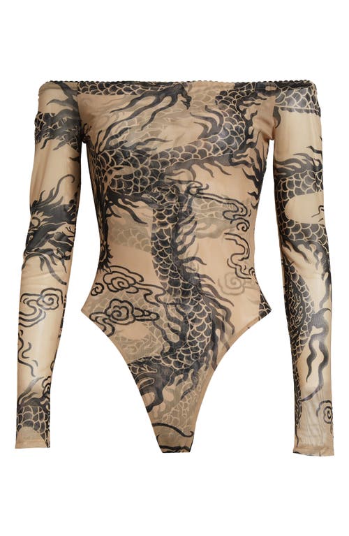 L Agence Peonie Off-the-shoulder Bodysuit In Beige/black Dragon Tattoo