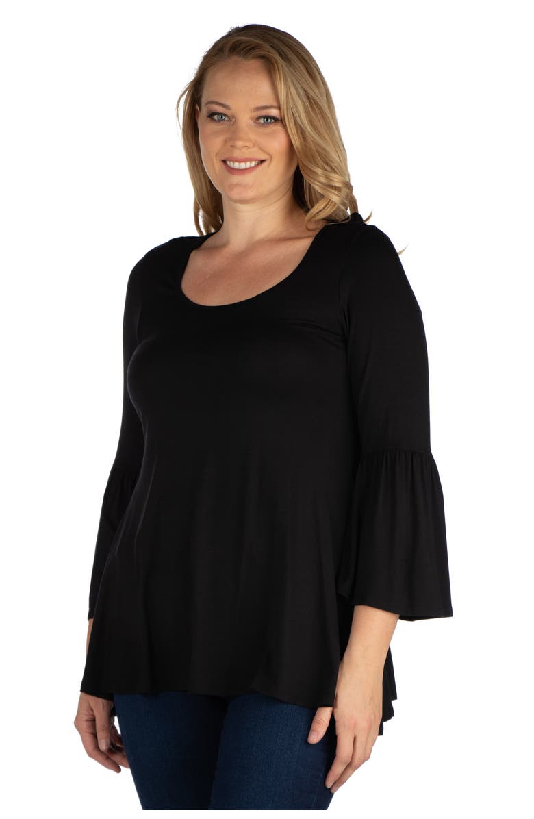 24seven Comfort Apparel Plus Size Long Bell Sleeve Flared Tunic Top, Alternate, color, Black
