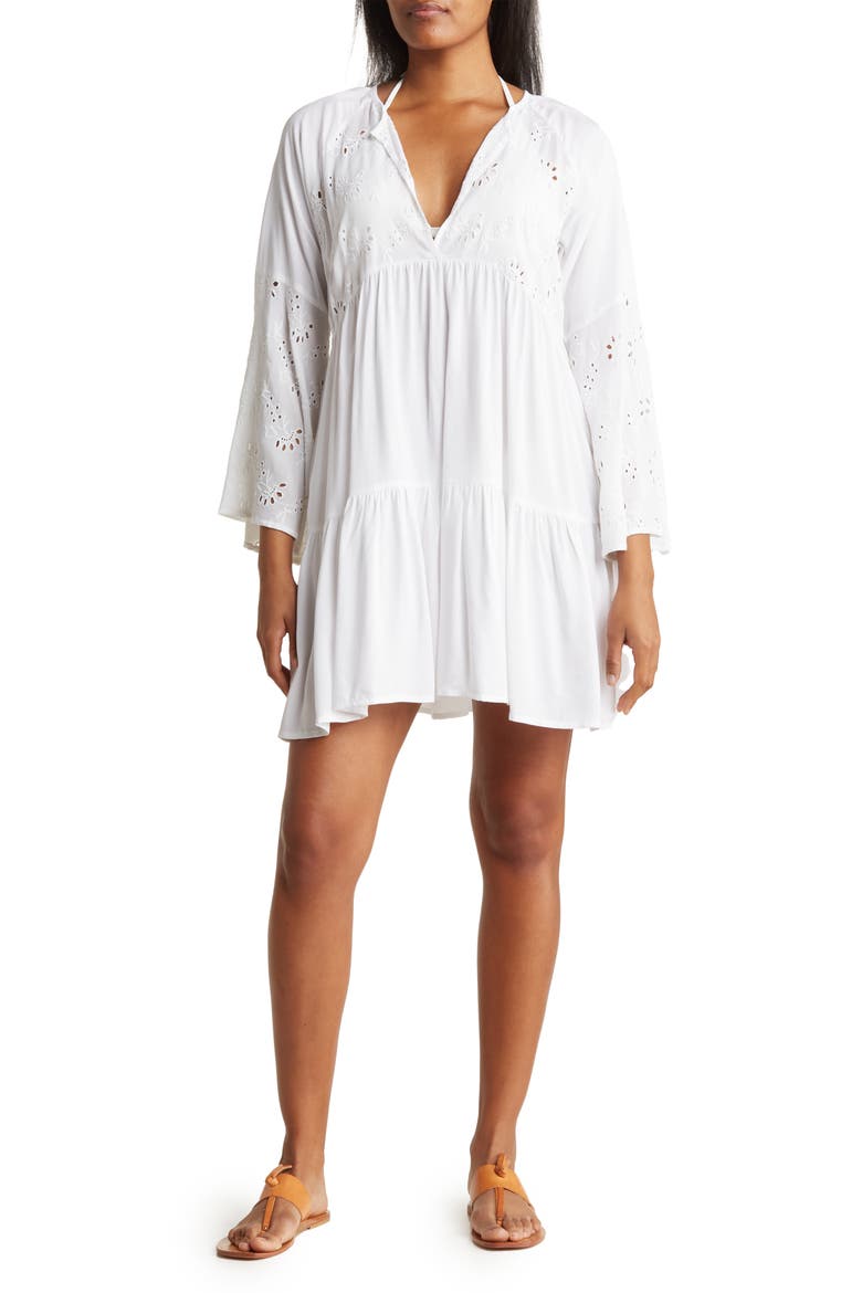 Eyelet Bell Sleeve Tunic, Main, color, WHITE