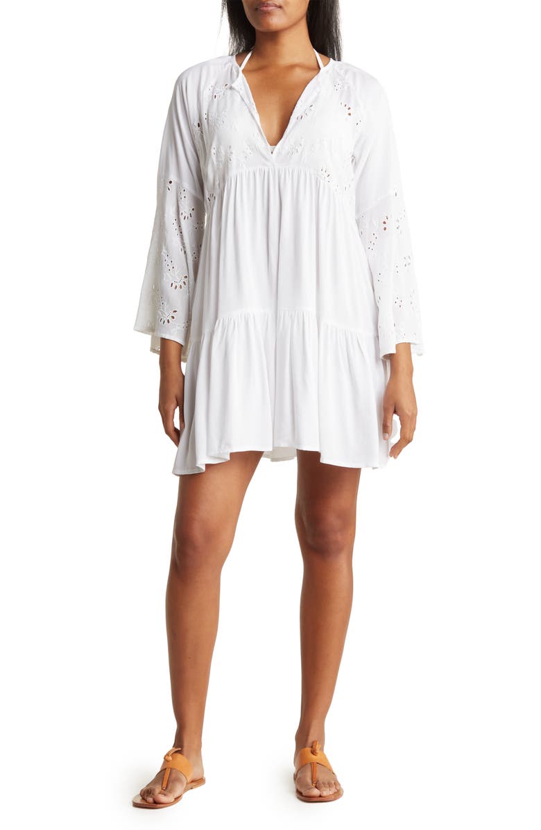 BOHO ME Eyelet Bell Sleeve Tunic, Main, color, White