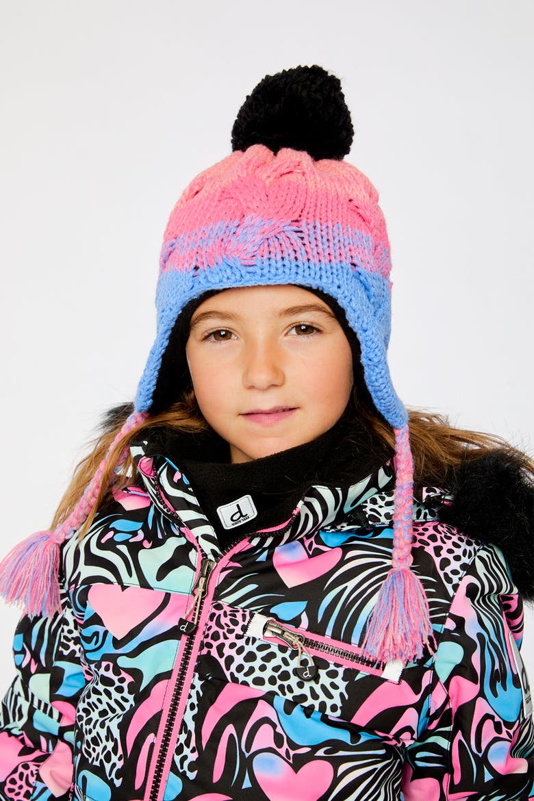 Winter Peruvian Gradient Fleece-Lined Pompom Knit Hat, Alternate, color, Blue and Pink Gradient