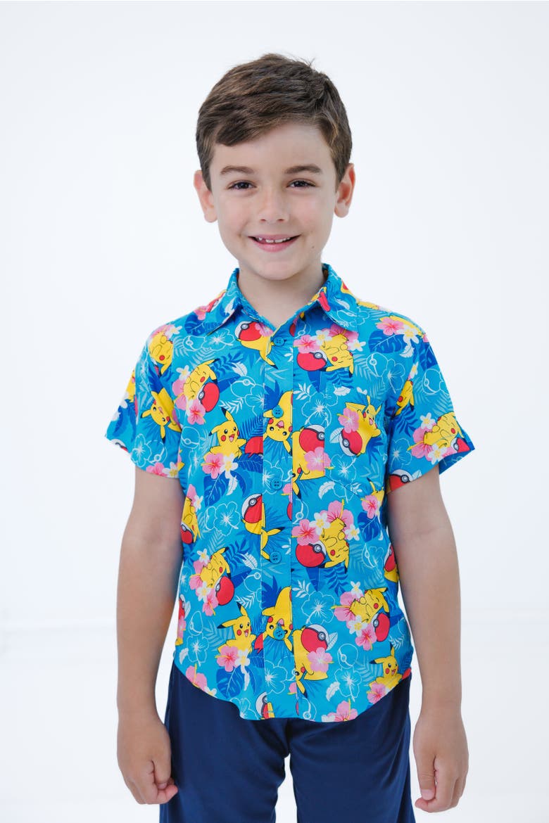 Pikachu Short Sleeve Button Down Shirt, Alternate, color, Blue
