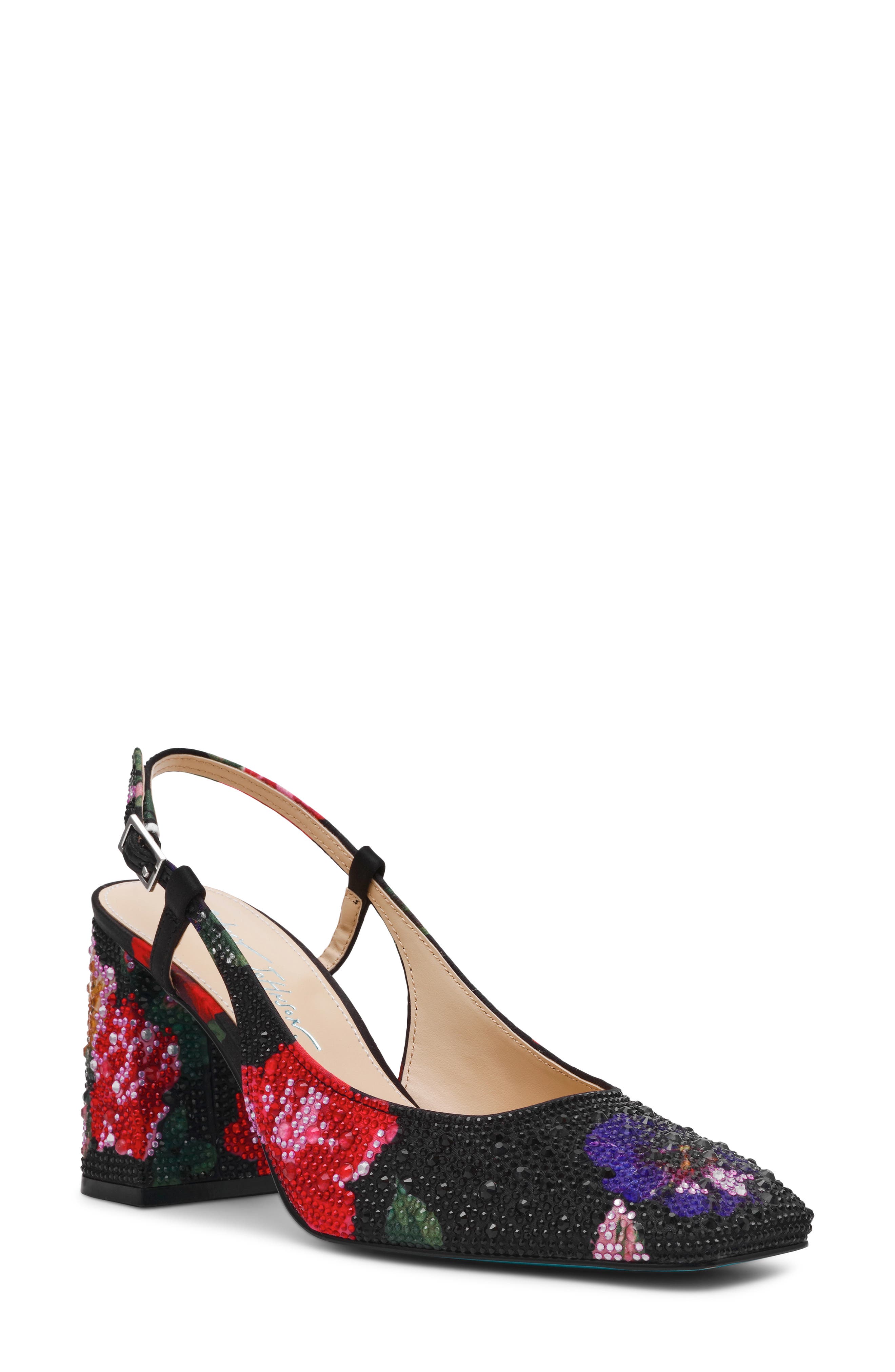 Betsey Johnson Elias Rhinestone Floral Slingback Pump, Main, color, Black Flower Multi