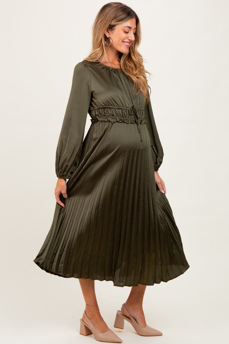 Pleated Satin Smocked Waist Midi Dress, Alternate, color, Olive Green