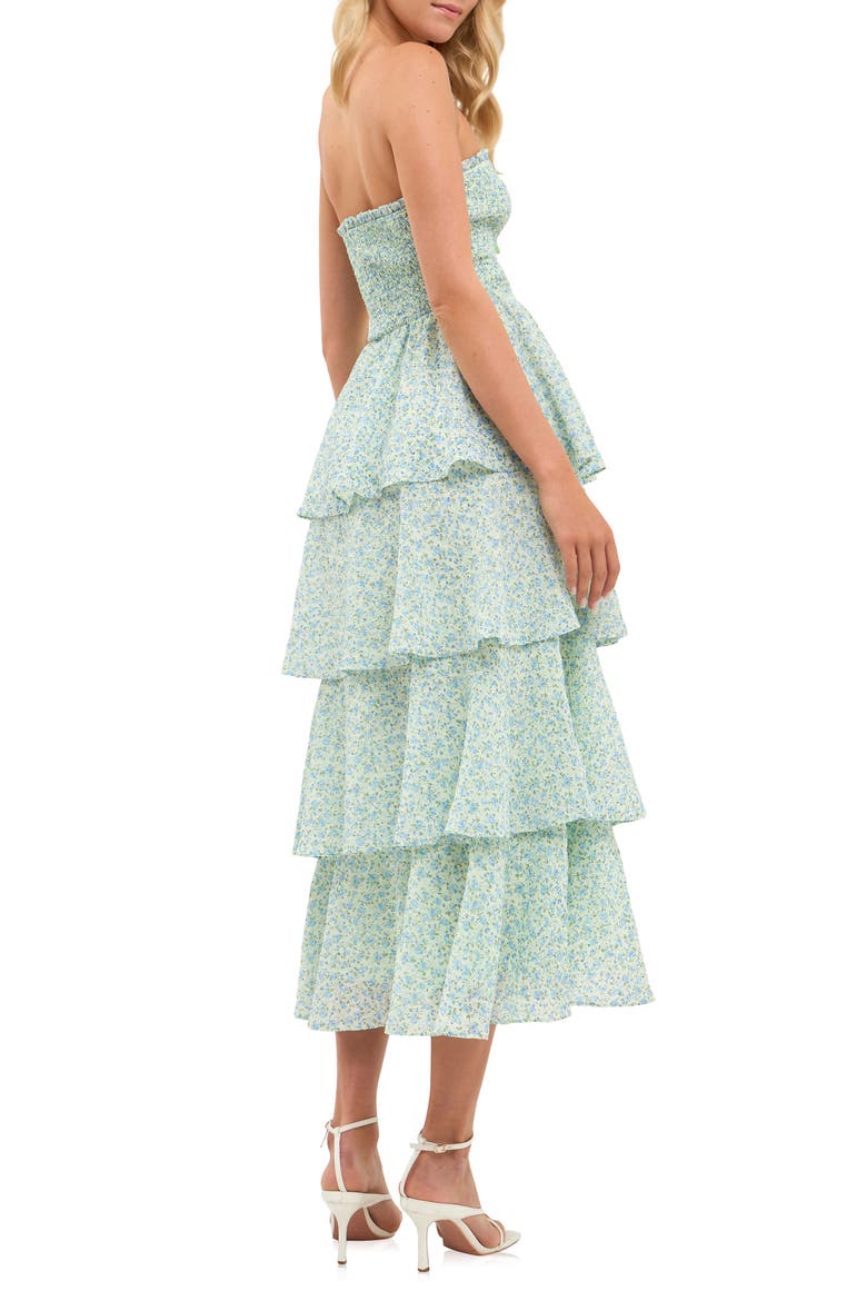 Floral Print Tiered Strapless Dress, Alternate, color, BLUE