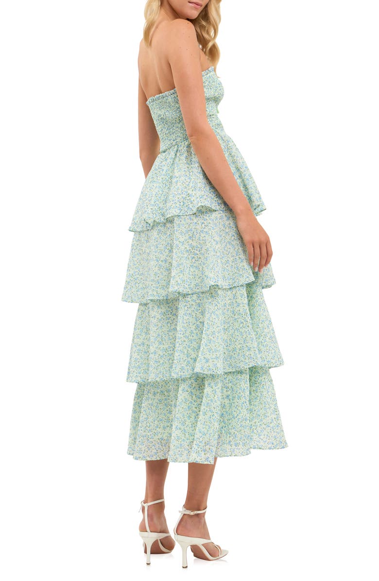 Endless Rose Floral Print Tiered Strapless Dress, Alternate, color, Blue
