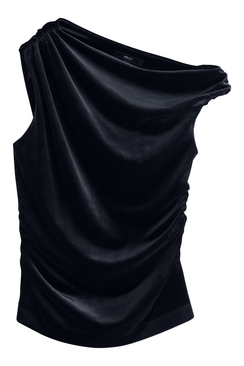 Asymmetric Neck Ruched Velvet Top, Alternate, color, BLACK