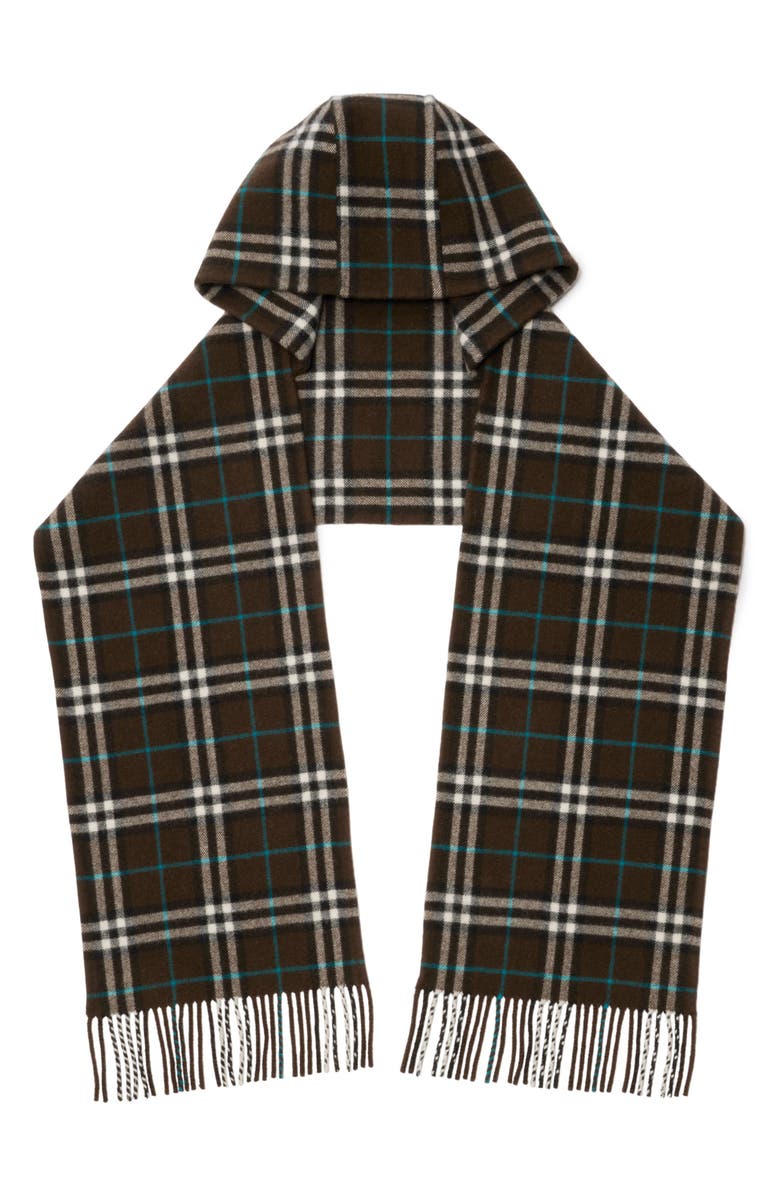 Burberry Check Hooded Cashmere Fringe Scarf, Main, color,