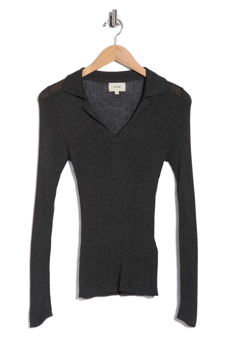 Rib Long Sleeve Polo Sweater, Alternate, color, CHARCOAL