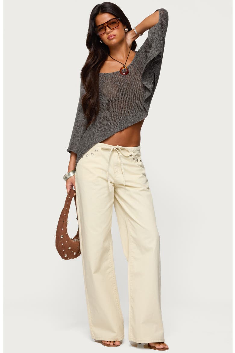 Grommet Drawstring Low Rise Wide Leg Jeans, Alternate, color, BEIGE