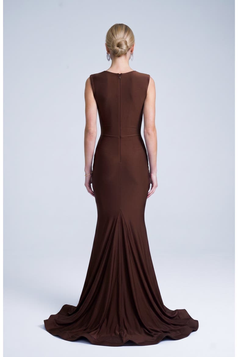 Ruched Plunge Pleated Sleeveless Mermaid Gown, Alternate, color, Brown
