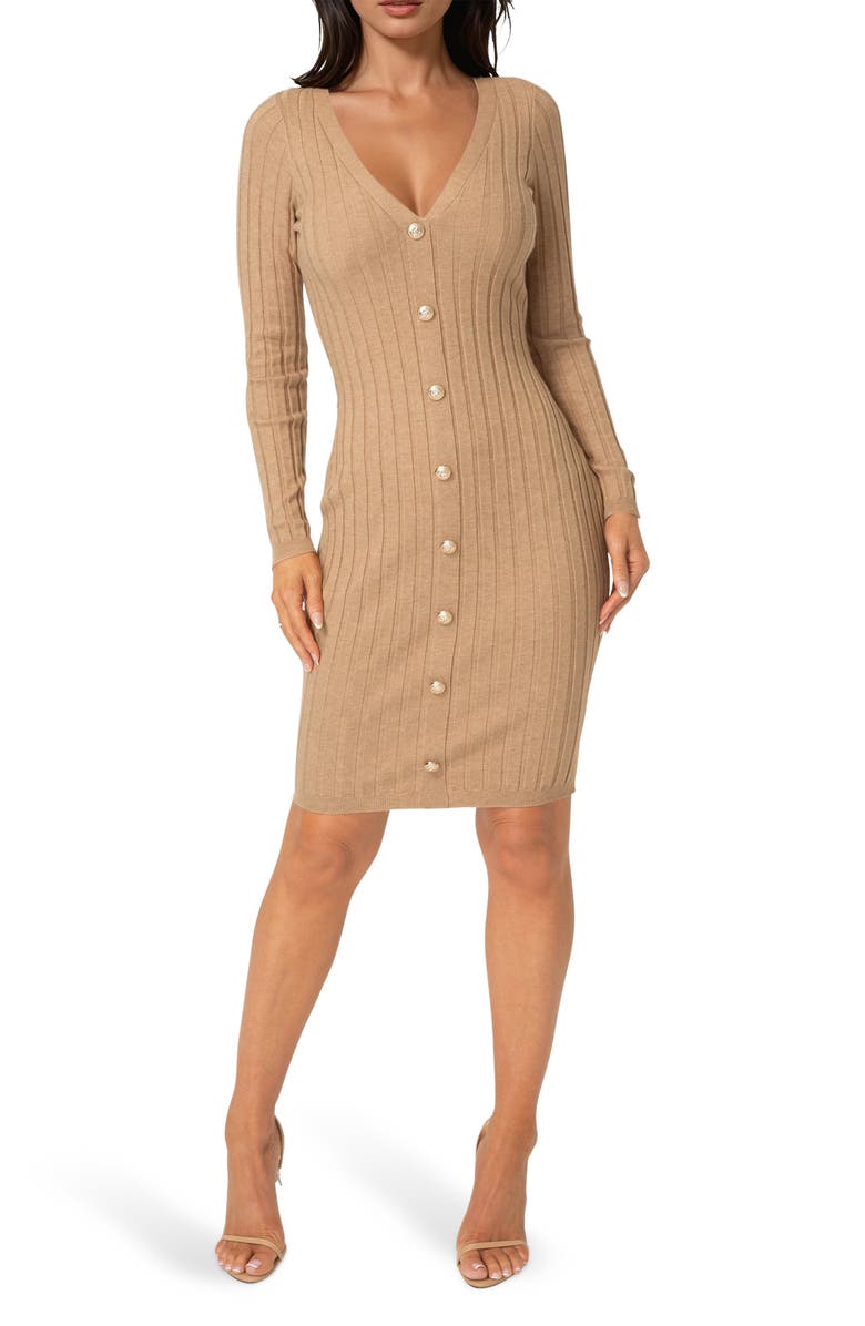 bebe Long Sleeve Rib Cardigan Dress, Main, color, Camel