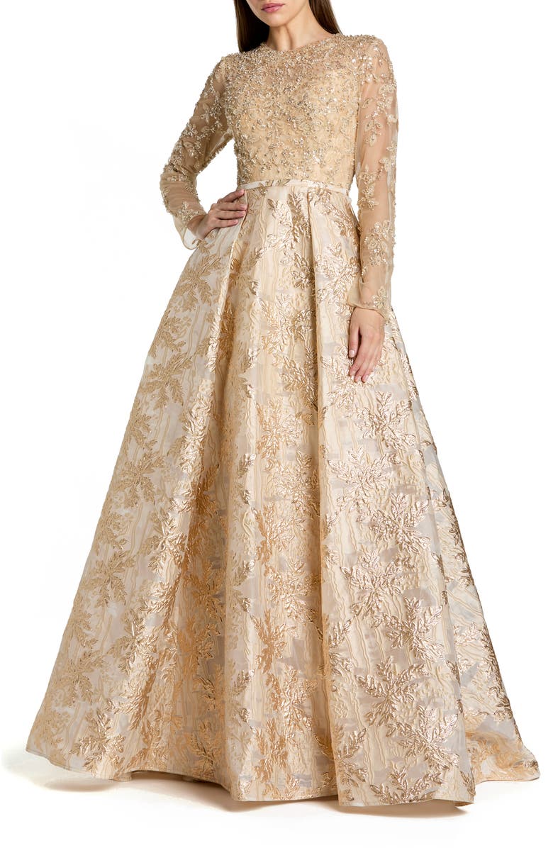 Mac Duggal Long Sleeve Beaded Mesh Brocade Skirt Ballgown, Main, color, Light Gold