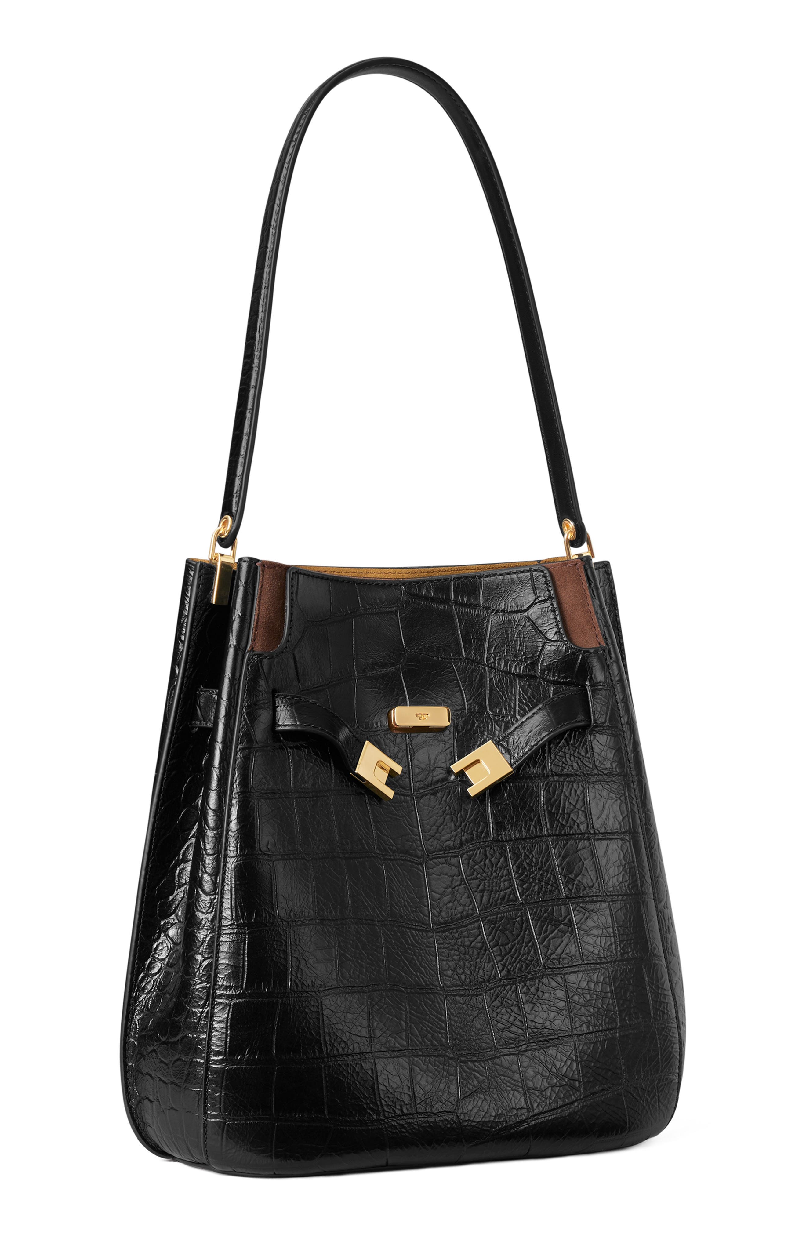 Lee Radziwill Croc Embossed Leather Bucket Bag, Alternate, color, BLACK