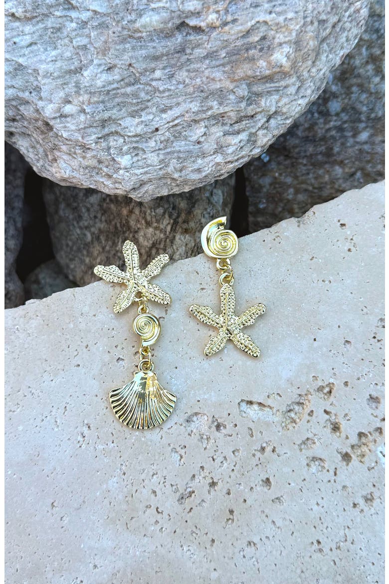 Starfish & Shell Mismatched Drop Earrings, Alternate, color, GOLD