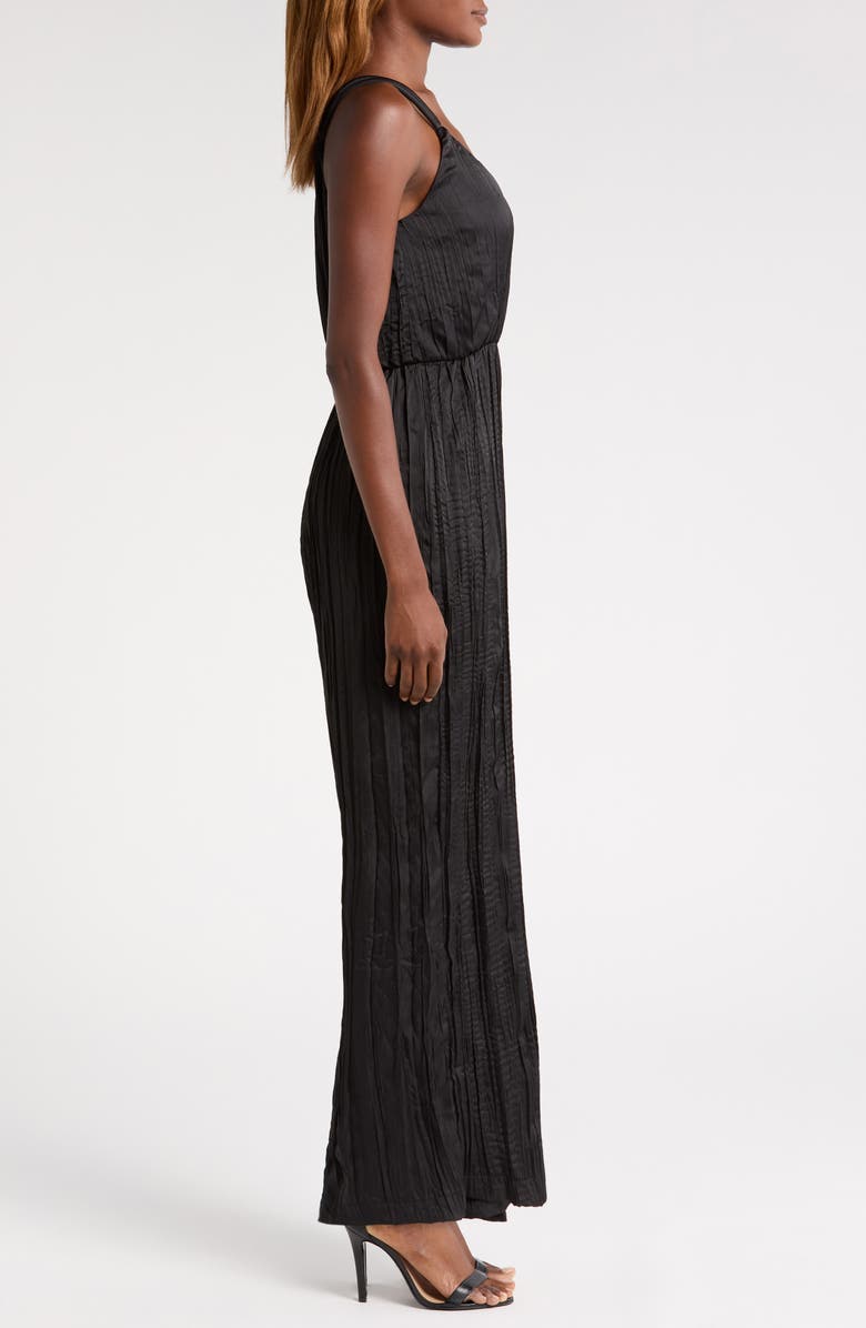 ASTR the Label Surplice Neck Plissé Satin Jumpsuit, Alternate, color, Black