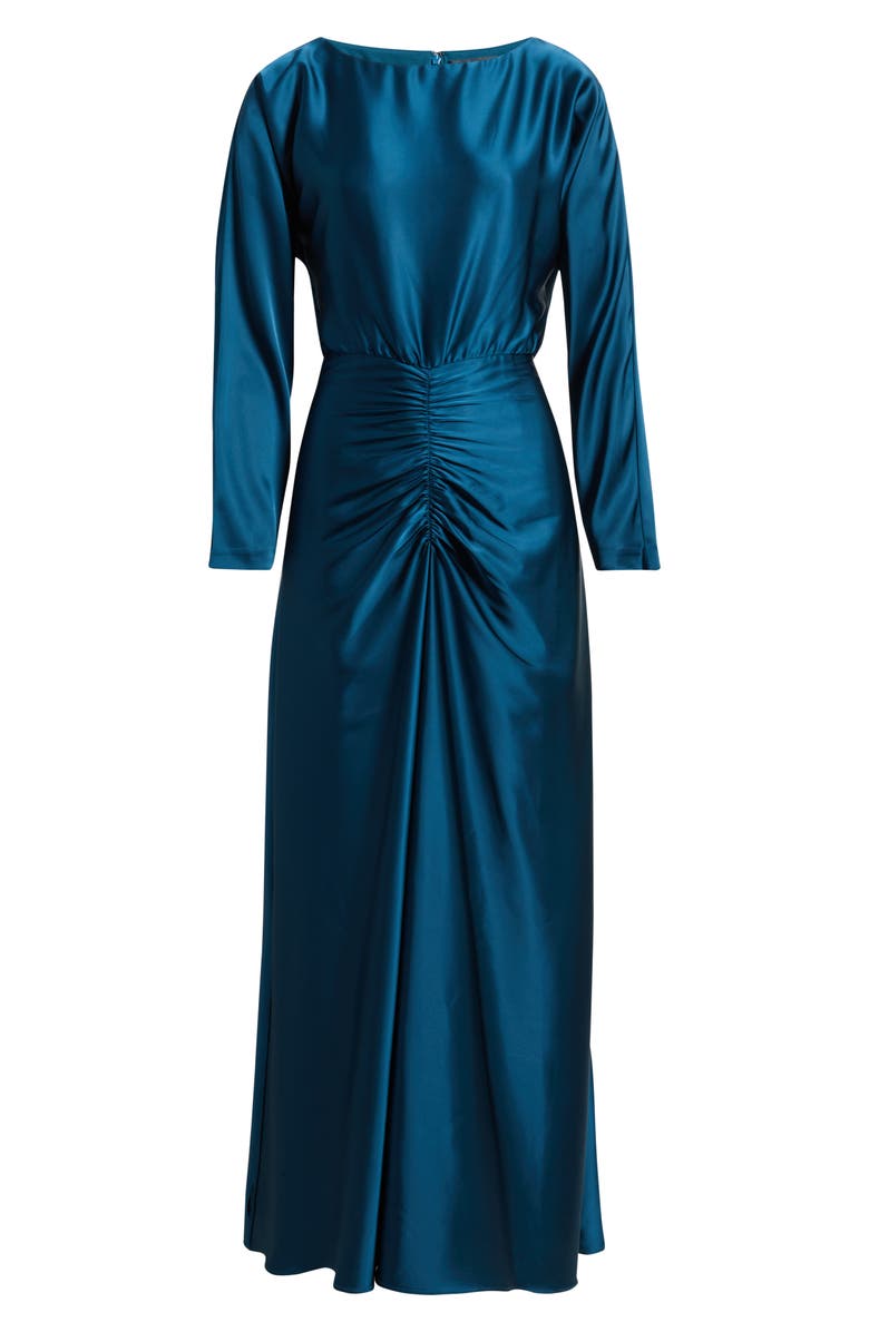 Julia Jordan Ruched Detail Long Sleeve Satin Gown, Alternate, color, Teal