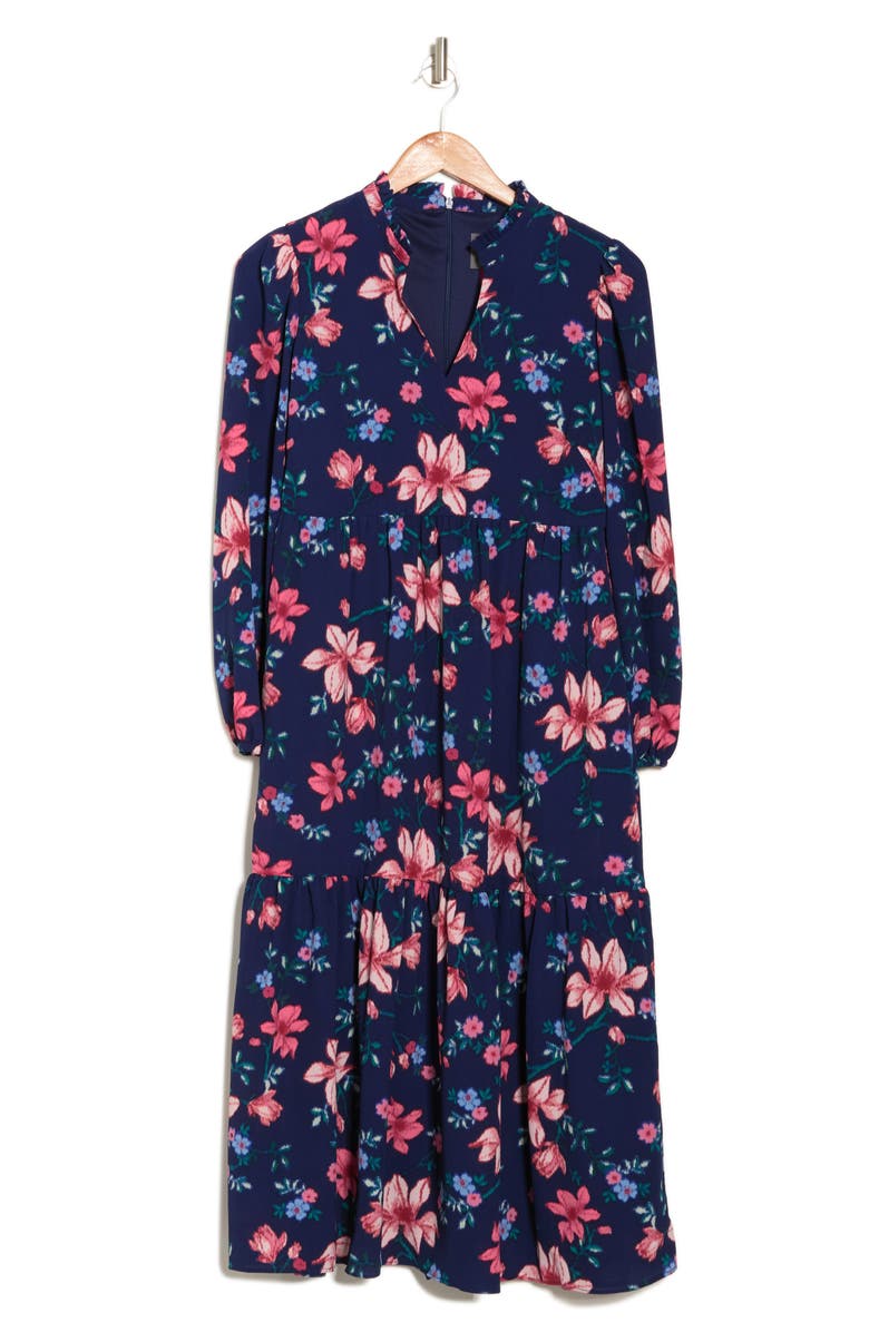 Vince Camuto Floral Long Sleeve Pebble Crepe Dress, Alternate, color, Navy Multi