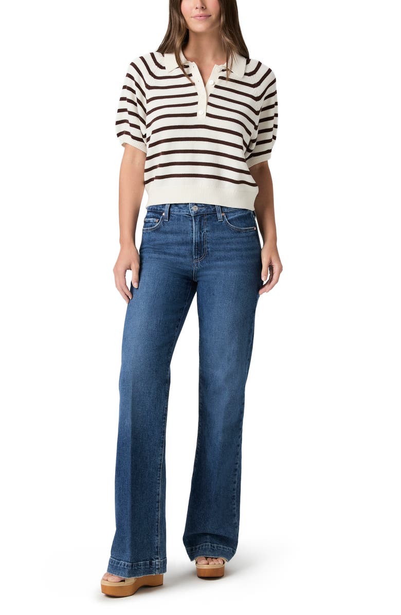 PAIGE Birch Stripe Short Puff Sleeve Polo Sweater, Alternate, color, Antique White/ Tamarind