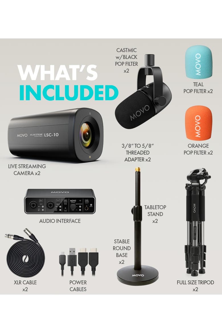 Two Person Video Podcast Equipment Bundle with Two 4K Cameras, USB Audio Interface, 2 XLR Dynamic Microphones, 2 Tripods, and 2 Desk Stands, Alternate, color, Black
