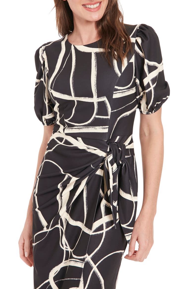 Print Side Tie Puff Sleeve Dress, Alternate, color, BLACK/ CREAM