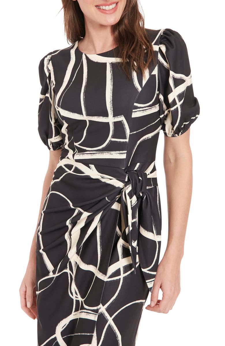 London Times Print Side Tie Puff Sleeve Dress, Alternate, color, Black/ Cream