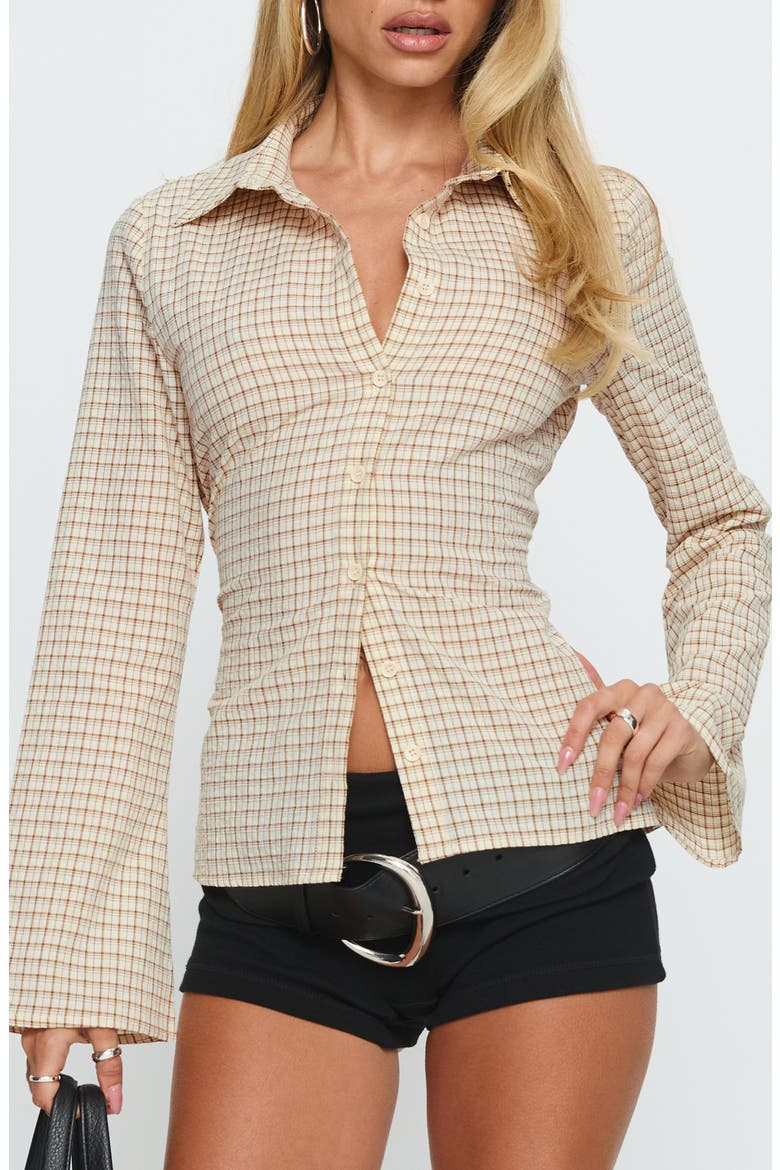 Eryx Check Tie Back Cotton Blend Button-Up Shirt, Main, color, APRICOT CHECK
