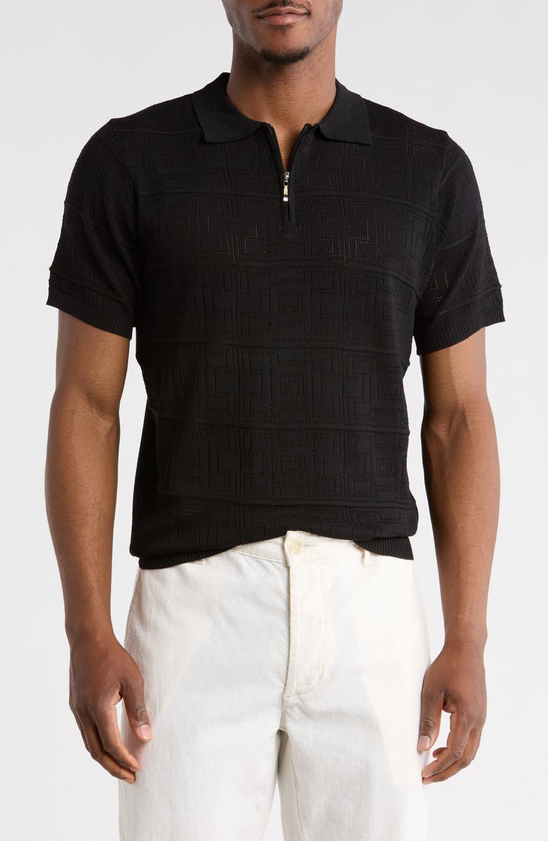 T.R. PREMIUM Geometric Pointelle Half Zip Sweater Polo, Main, color, Black