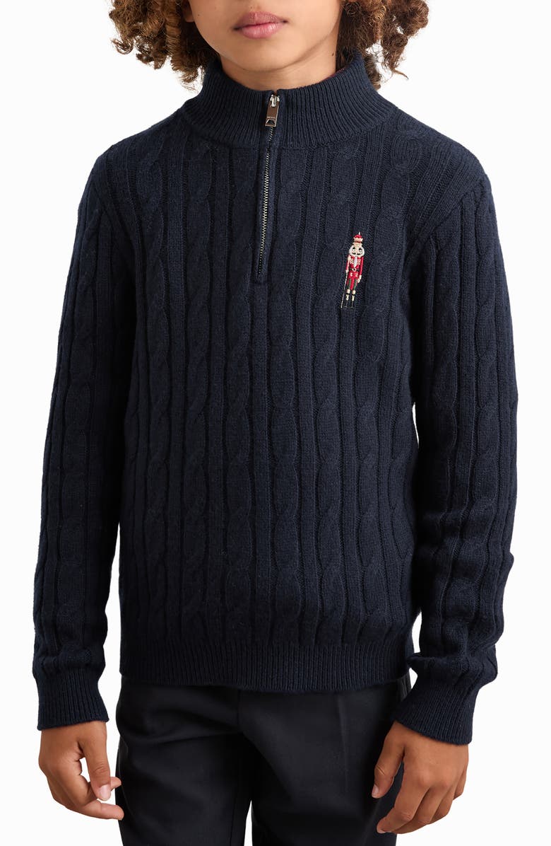 Reiss Kids' Nollaig Embroidered Nutcracker Cabled Quarter Zip Sweater, Alternate, color, Navy Blue