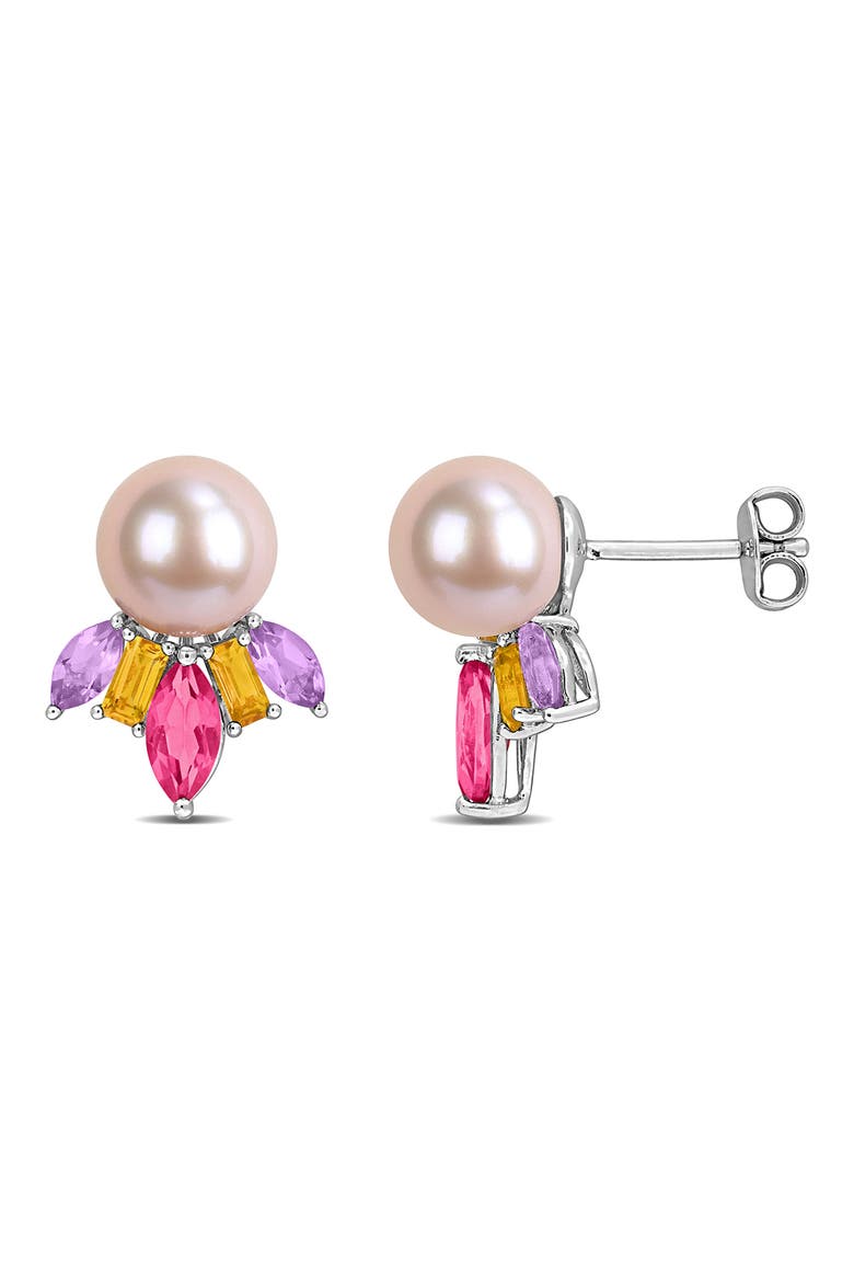 Pink Freshwater Pearl & Mixed Stone Stud Earrings, Main, color, SILVER