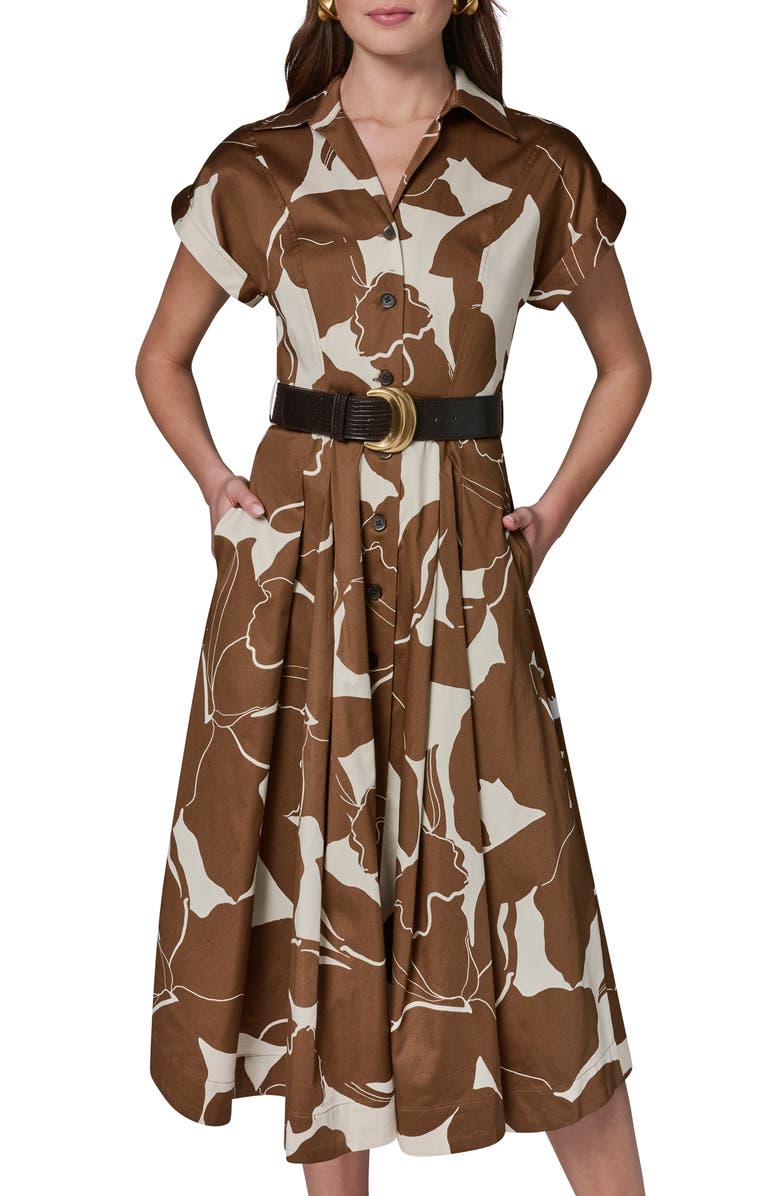 Donna Karan New York Floral Belted Stretch Cotton Midi Shirtdress, Alternate, color, Cognac/ Light Canvas