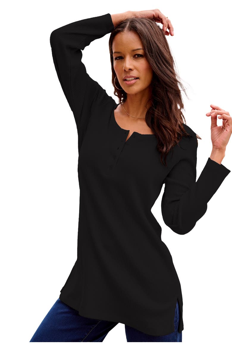 Plus Size Knit Thermal Henley Top Long Sleeve, Main, color, BLACK