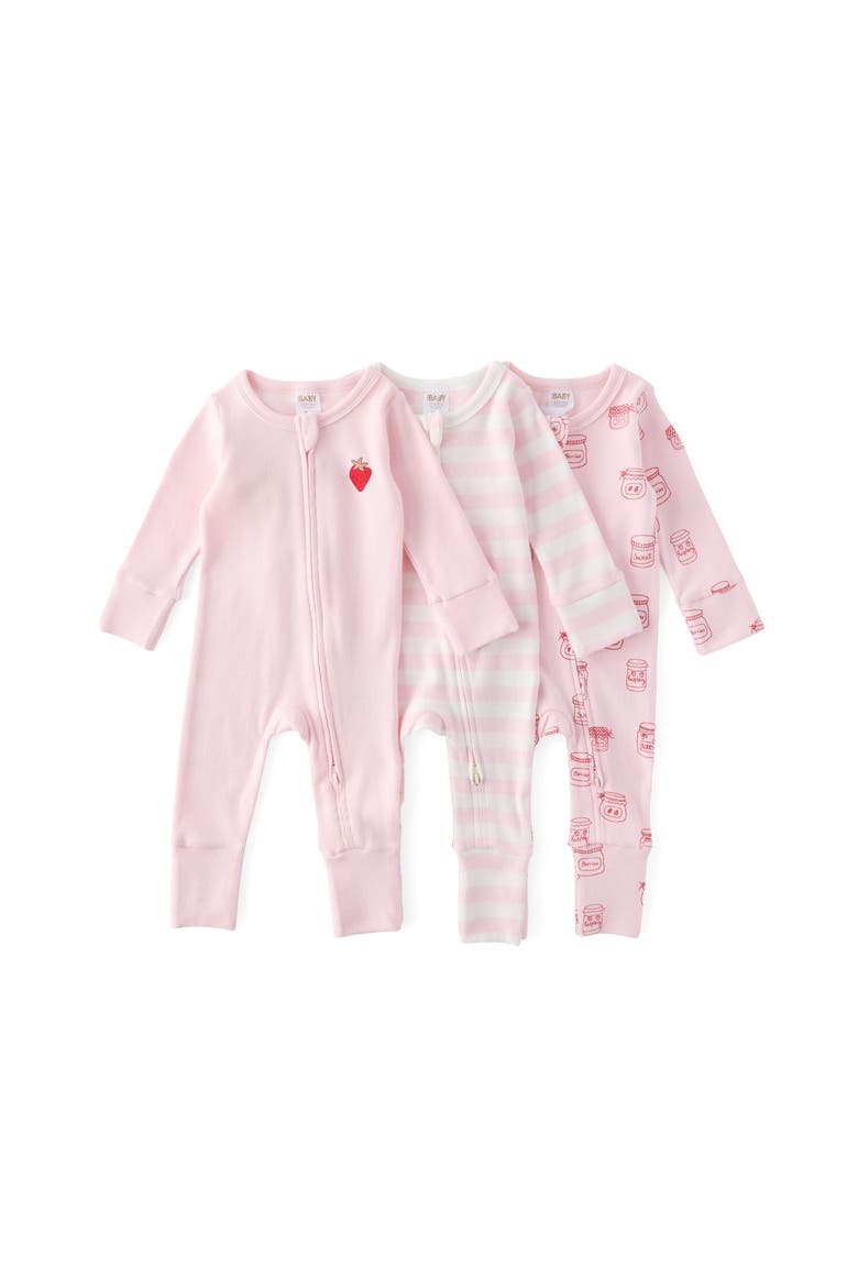 The 3Pk Remi Long Sleeve Zip Romper, Main, color, Tea Party Pink Berry Jam