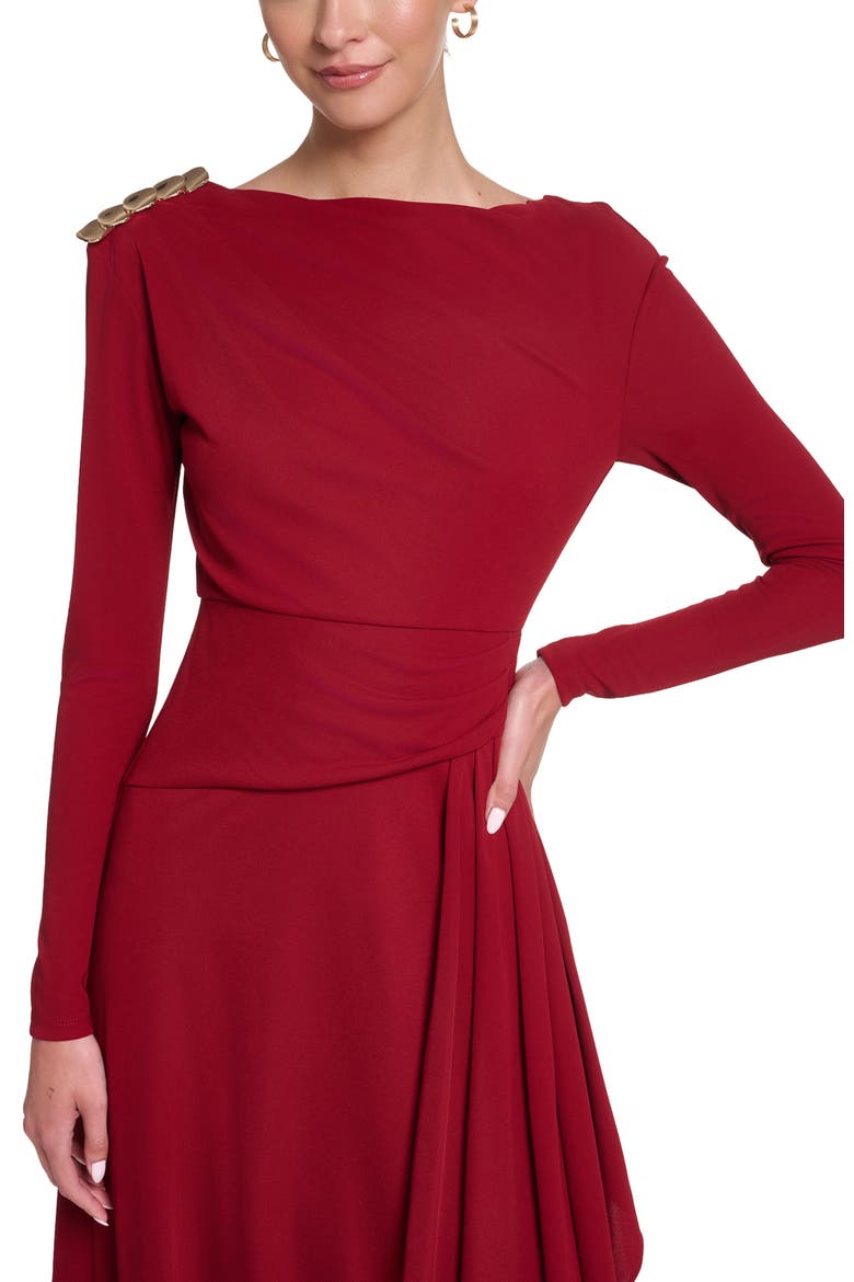 Long Sleeve Draped Jersey Dress with Hardware, Alternate, color, Dark Lava