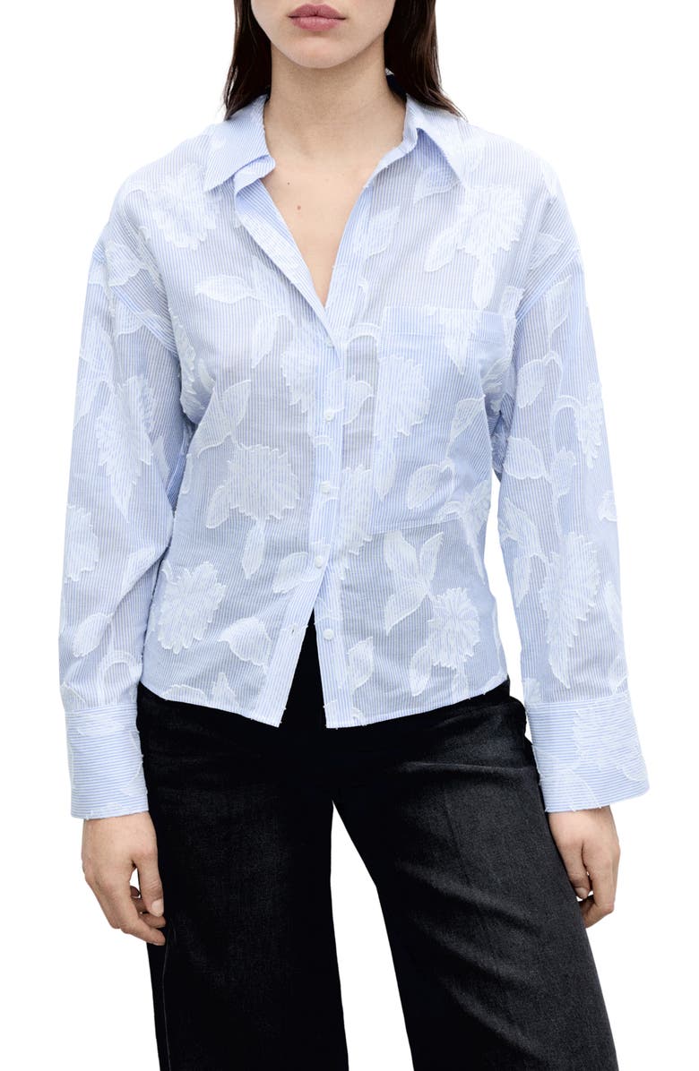 MANGO Oversize Embroidered Floral Stripe Button-Up Shirt, Main, color, Sky Blue