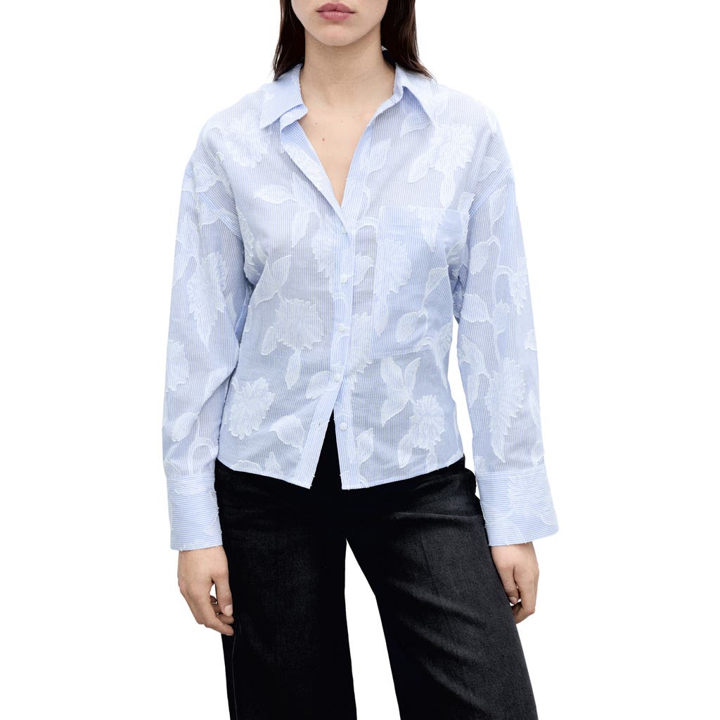 MANGO MANGO OVERSIZE EMBROIDERED FLORAL STRIPE BUTTON-UP SHIRT