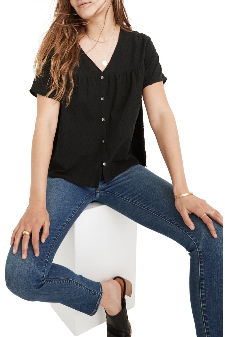 Swiss Dot V-Neck Blouse, Main, color, TRUE BLACK