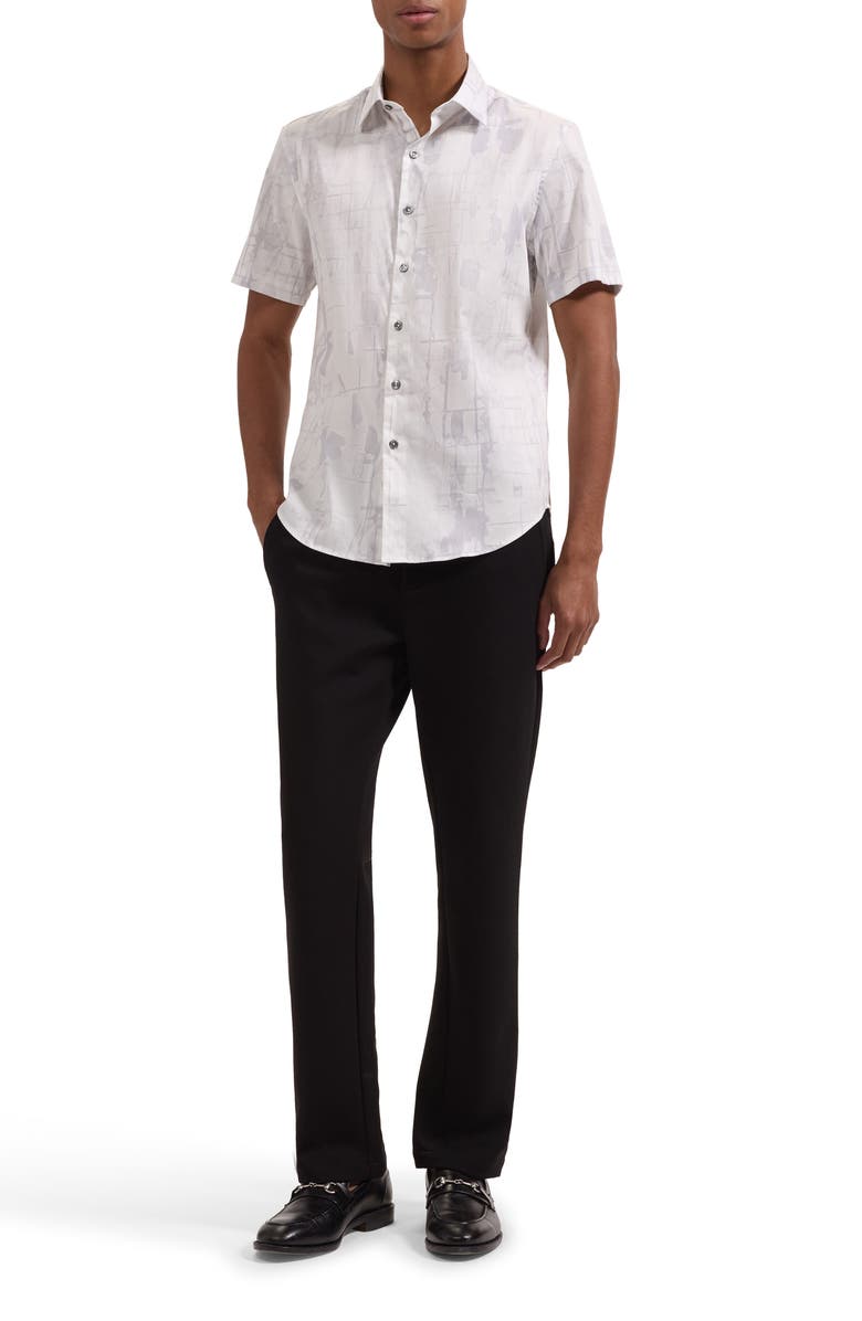 Bugatchi Orson Shaped Fit Short Sleeve Stretch Cotton Button-Up Shirt, Alternate, color, Platinum