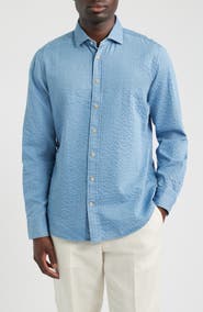Emanuel Berg Crinkle Stripe Cotton Denim Button-Up Shirt