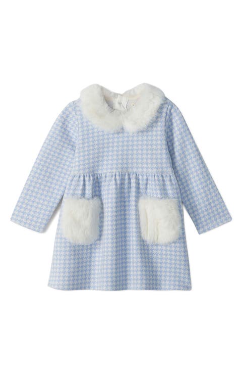 Kids' Kentucky Houndstooth Faux Fur Trim Long Sleeve Cotton Dress